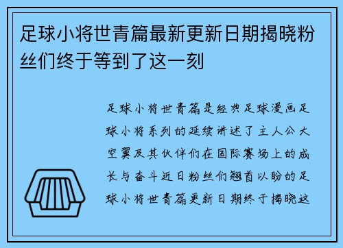 足球小将世青篇最新更新日期揭晓粉丝们终于等到了这一刻